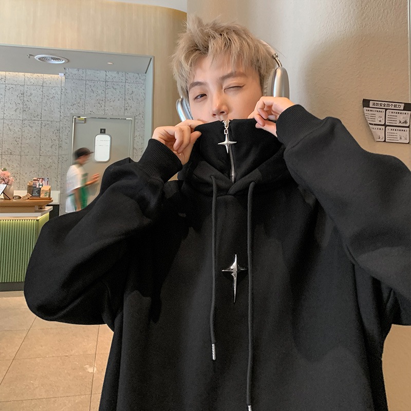 フェイク2ピースフードセーターメンズ2023秋新潮アメリカンレトロハーフジップジャケット