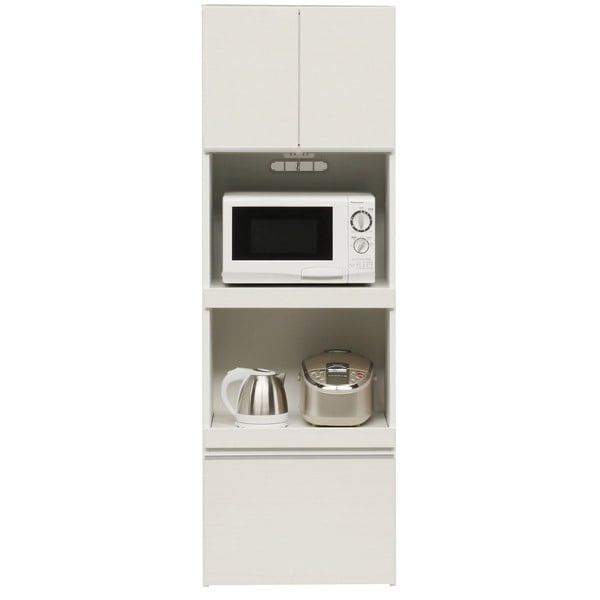 レンジ台 キッチン収納 幅60cm ホワイト 木目調 上置き 2口コンセント スライドテーブル付き 日本製 ハイレンジボード 完成品 玄関渡し