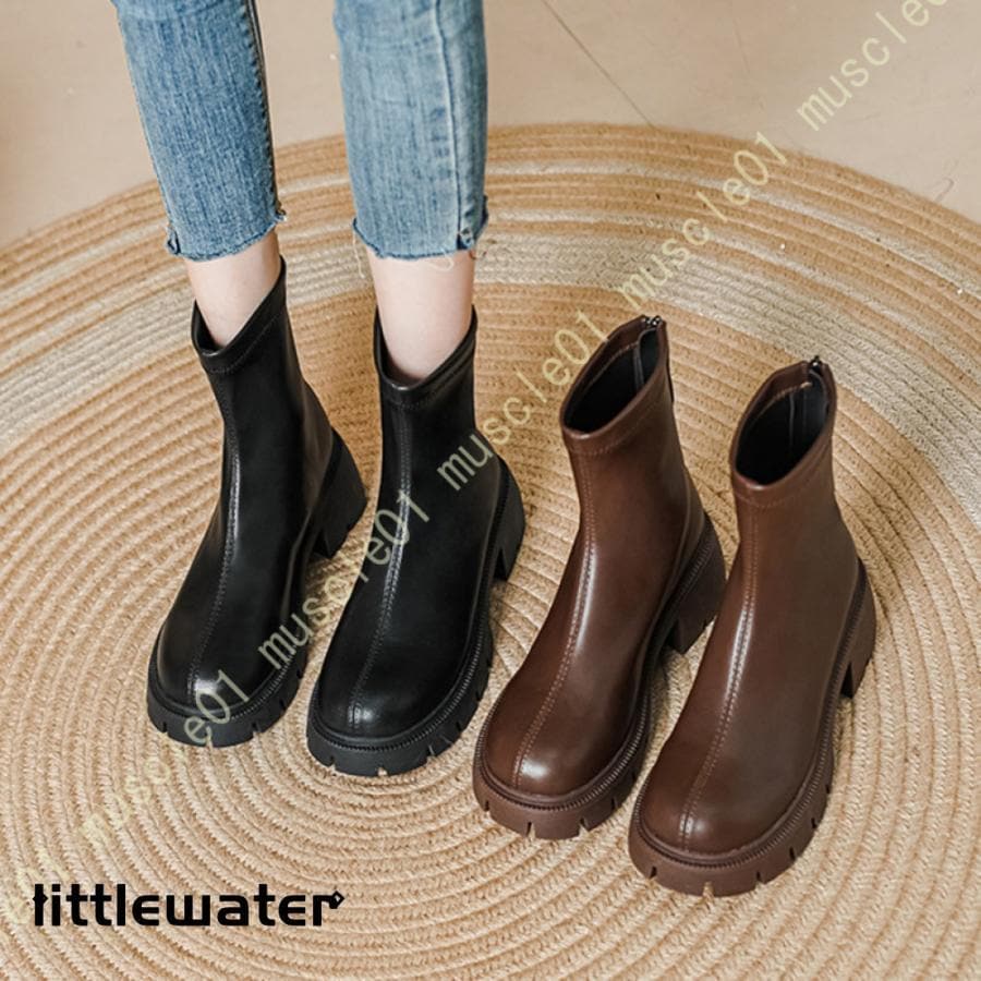 靴 シューズ 厚底ストレッチショートブーツ 低反発中敷 ブーツ バックファスナー ショートブーツ ハイカット 厚底 黒 アンクルブーツ ワークブーツ