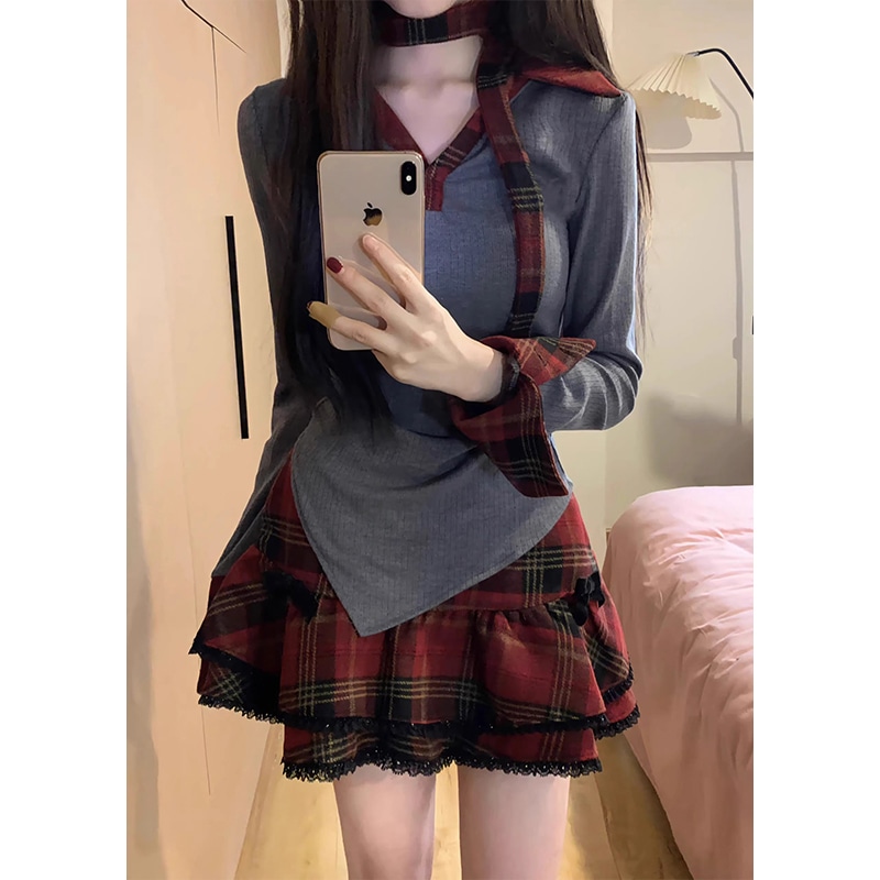 秋のアメリカンスイートチェック柄ドレス女性用2024年秋冬プレッピープリンセスパフィースカートスーツ