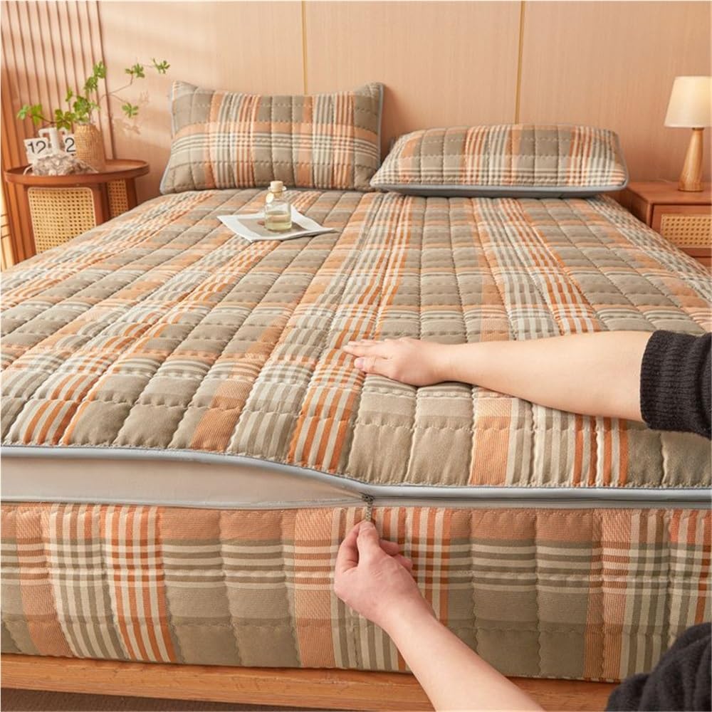 クラシックチェックマットレスカバー 取り外し可能な360ジッパー付き 通気性と柔らかな生地で完全に包まれた保護 簡単に洗濯できます 10/15/20/25cmのマットレスまでフィットします(C 20