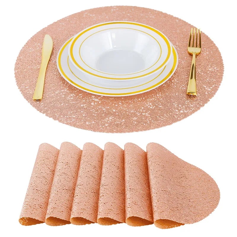 滑り止め,洗える,耐熱性のプレースマット,ダイニングテーブルマット,PVC,ゴールドとピンク,10個セット - 15