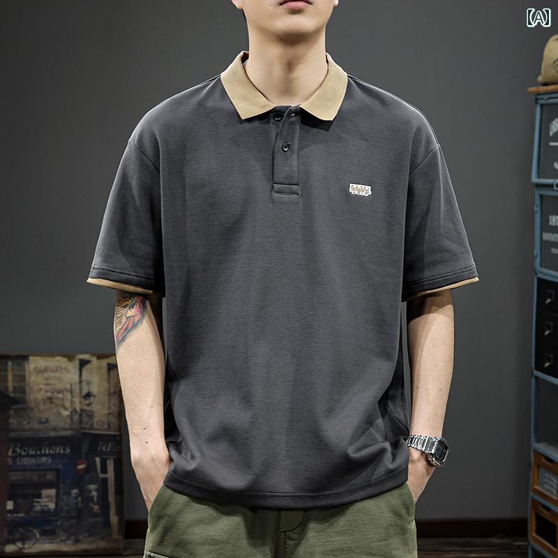 大きいサイズ ポロシャツ ハイエンド アメリカン レトロ コントラストカラー 半袖 男性用 フェイクツーピース 夏 ヘビー Tシャツ 刺繍 都会的