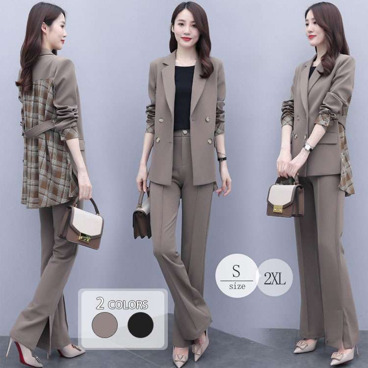 【期間限定特価】レディース スーツ 七分袖 ダブル ダブルジャケット 切り替え パンツスーツ 大人 おしゃれ 通勤 フォーマル オフィス カジュアル 秋 冬 春 チェック セットアップ ガウチョパンツ