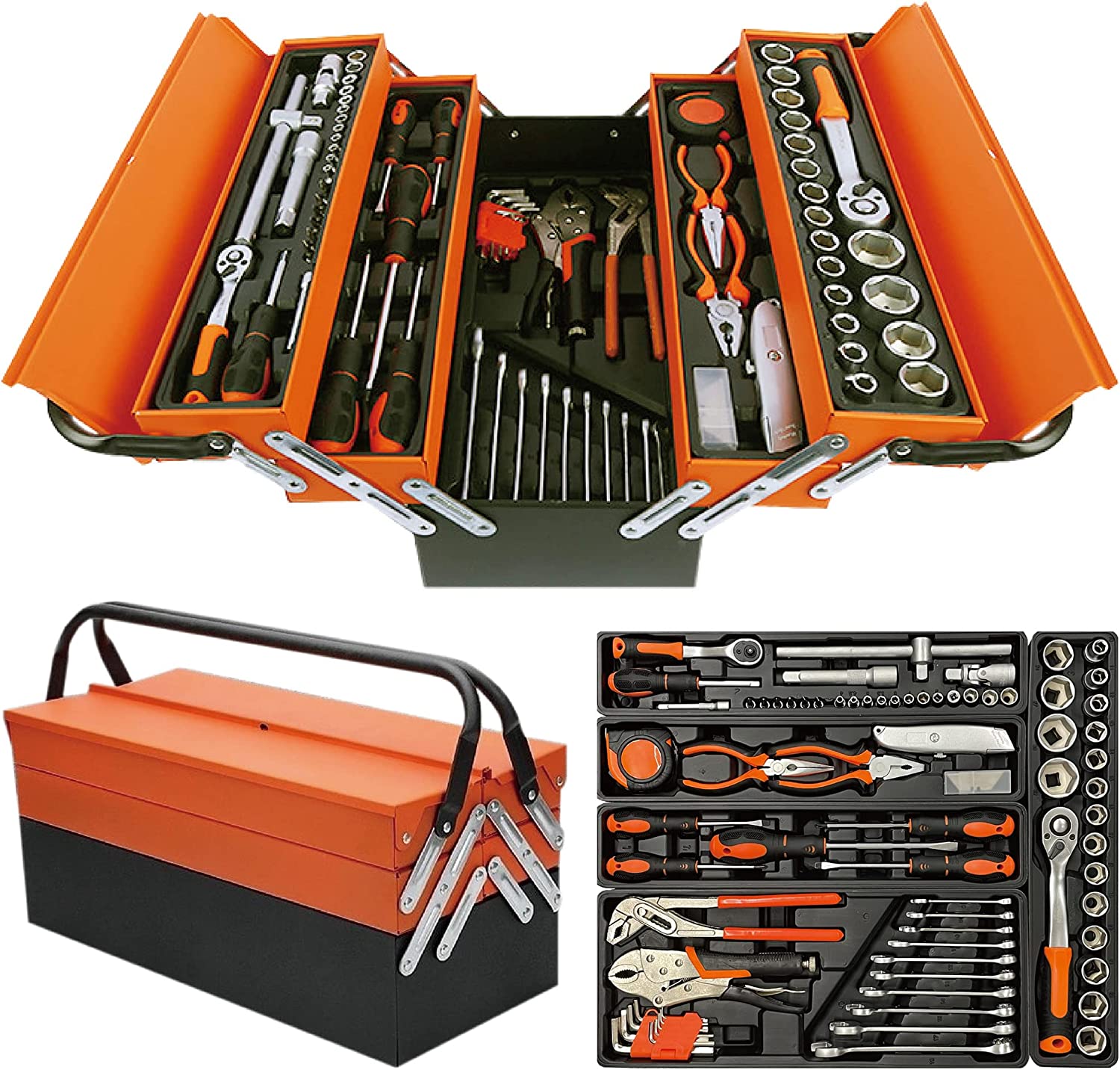 ONE STEP 85pcs ツールセット ガレージツール 両開き鉄製ケース 整備工具セット ホームツールセット 85点組 ソケットレンチセット ドライバーセット 車メ