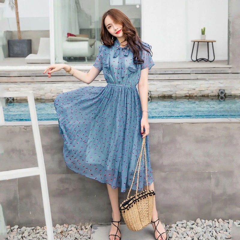 ワンピース シフォン 半袖 袖あり 水玉 ドット柄 フリル リボン 膝下 ひざ下 ロング ミディ丈 ウエストゴム Aライン ハイウエスト 切り替え プリント 薄手 透け感 ふんわり 華やか