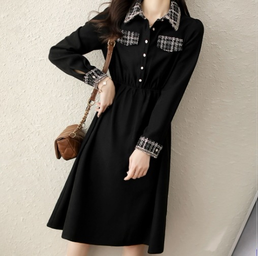 ミニワンピース ワンピース 膝丈 ひざ丈 長袖 Vネック 襟付き Aライン かわいい 大人可愛い