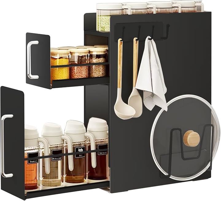 全面的にアップグレードしました隠せる調味料ラック 2段 幅14.4cm 奥行35cm 高さ48cm 台所用 大容量 引き出し式(ブラック, 幅14.4cm 奥行35cm 高さ48cm)