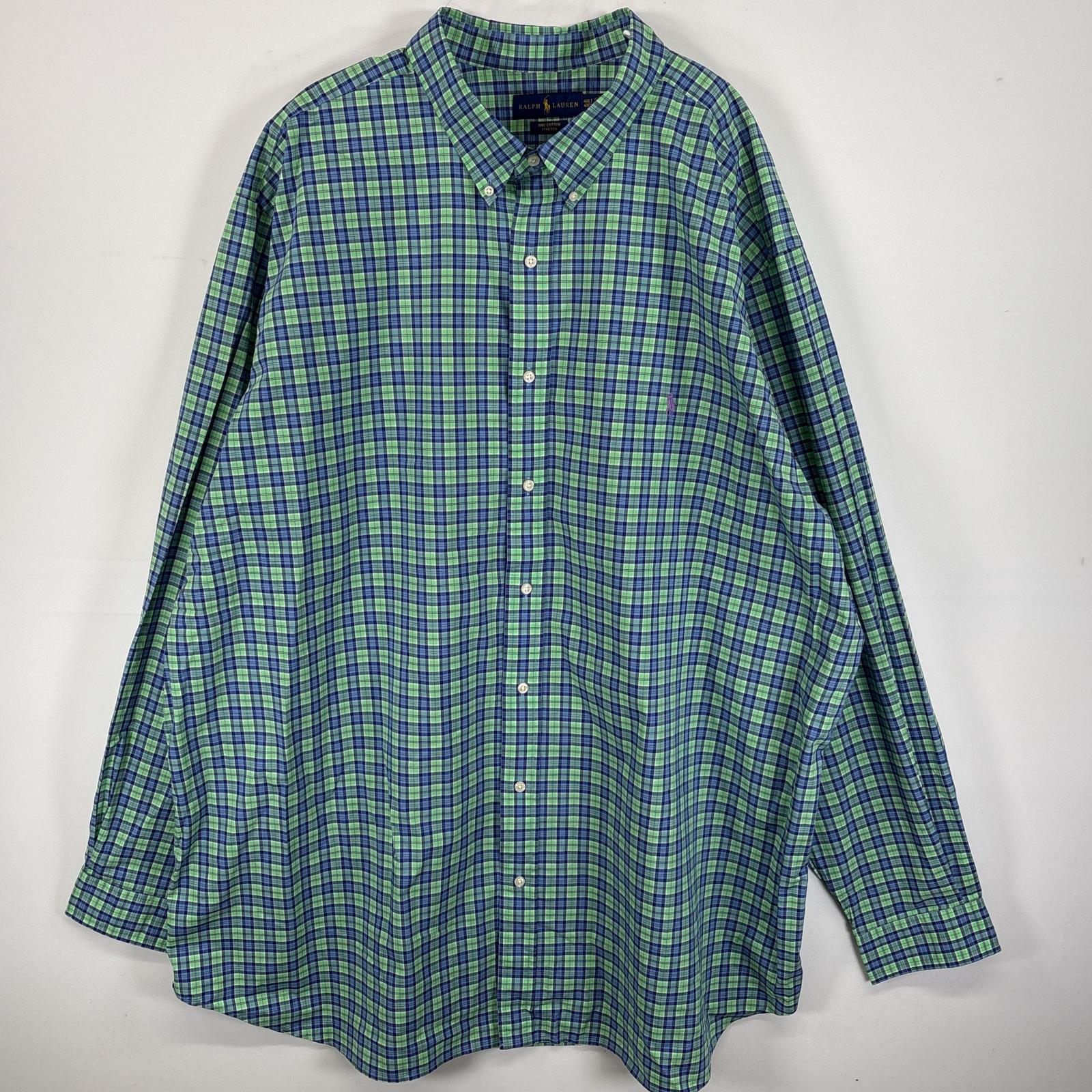 古着 長袖シャツ ボタンダウンシャツ ワンポイント ロゴ 刺繍 大きいサイズ 4XLT ブルー系 ストライプ メンズ