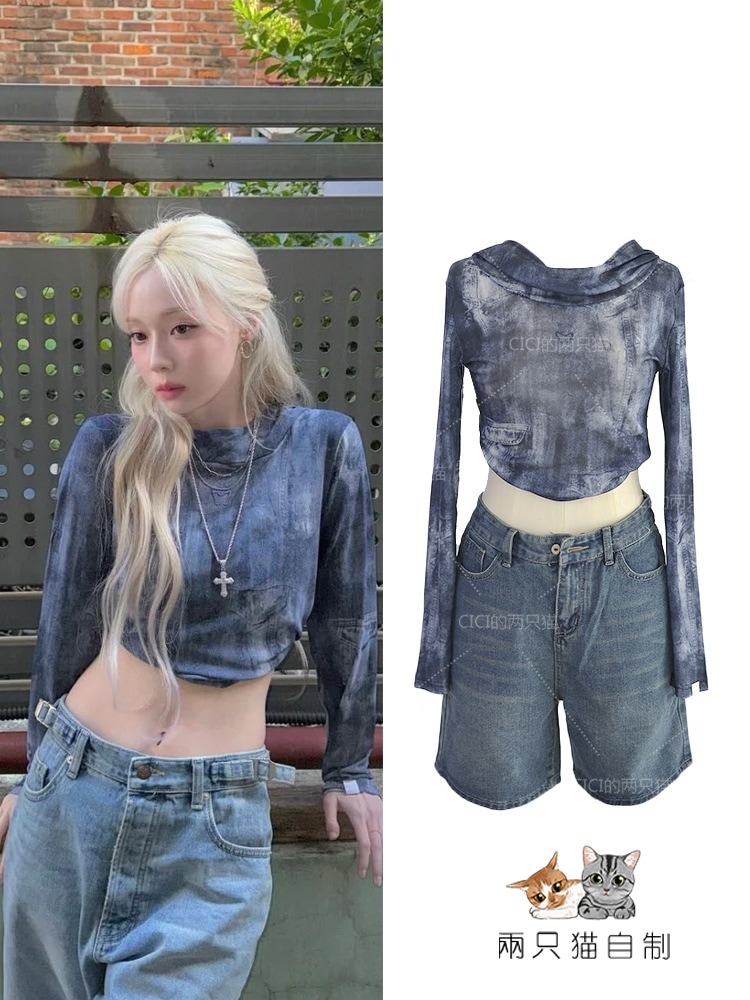 Aespa ジンミンジン絞り染めフード付きトップスウエストレスブラウスローウエストジーンズスーツ