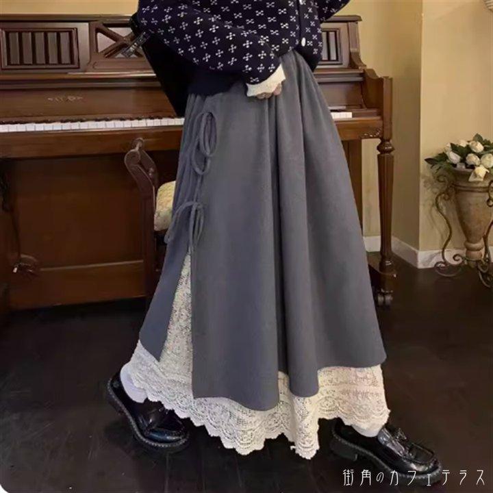 スカート ロングスカート マキシスカート Aライン フレア ロング マキシ アンクル バイカラー 異素材切り替え ドッキング 重ね着風 レイヤード風 リボン