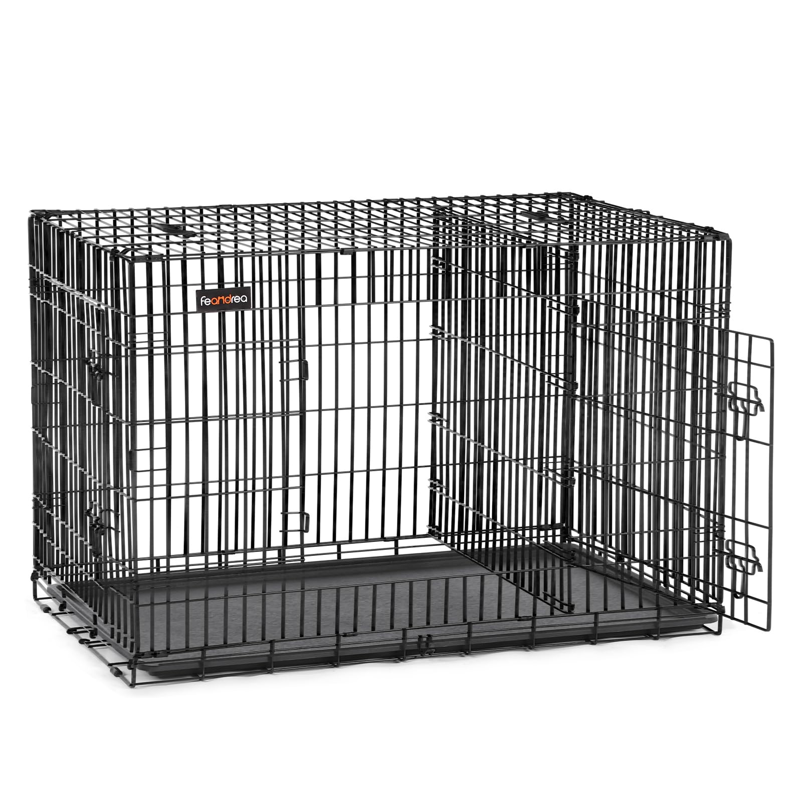 FEANDREA ペットケージ 犬 ケージ 仕切りドア付き 室内外兼用 犬 猫 107 x 70 x 77.5cm 引き出しトレー付き 折り畳み式 持ち手付き 移動便利 犬 ゲージ PPD42BK