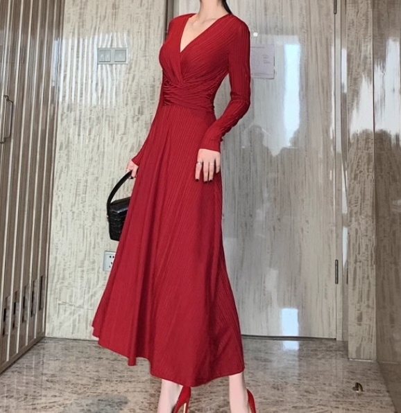 レディース ワンピース ドレス ドレス ロング アンクル丈 Vネック カシュクール フレア フェミニン プリーツ タック タックプリーツ シフォン ウエストマーク ハイウエスト 薄手 きれいめ 上品