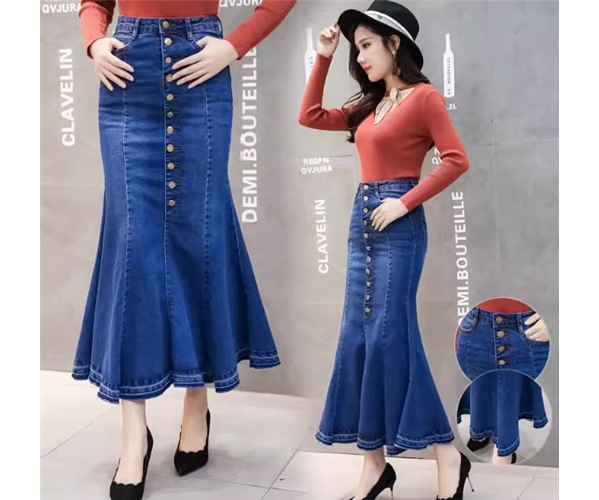 レディース スカート デニム デニムスカート ロング マキシ タイト スリム 細身 マーメイド フリル ポケット ハイウエスト ボタン かわいい 大人可愛い きれいめ シンプル カジュアル 上品