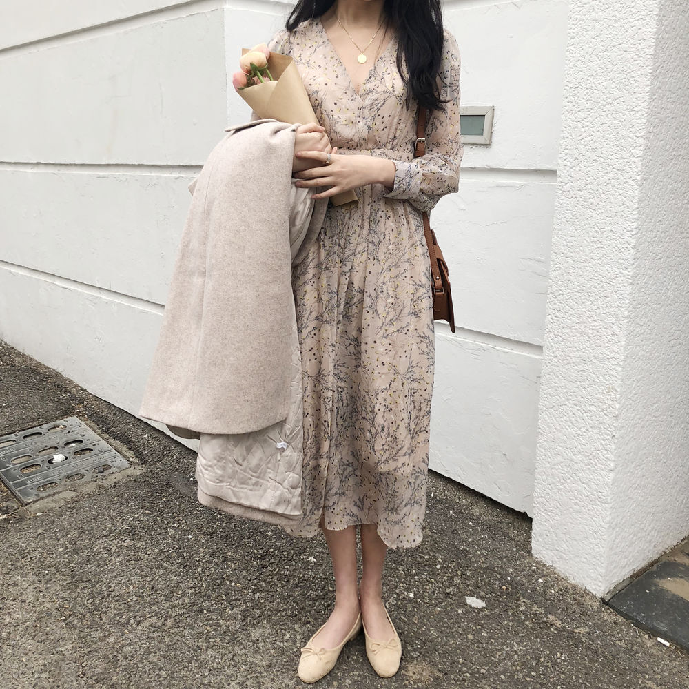 花柄ワンピース 新作春秋デザイン センスニッチ レトロシフォンフローラル フラワー