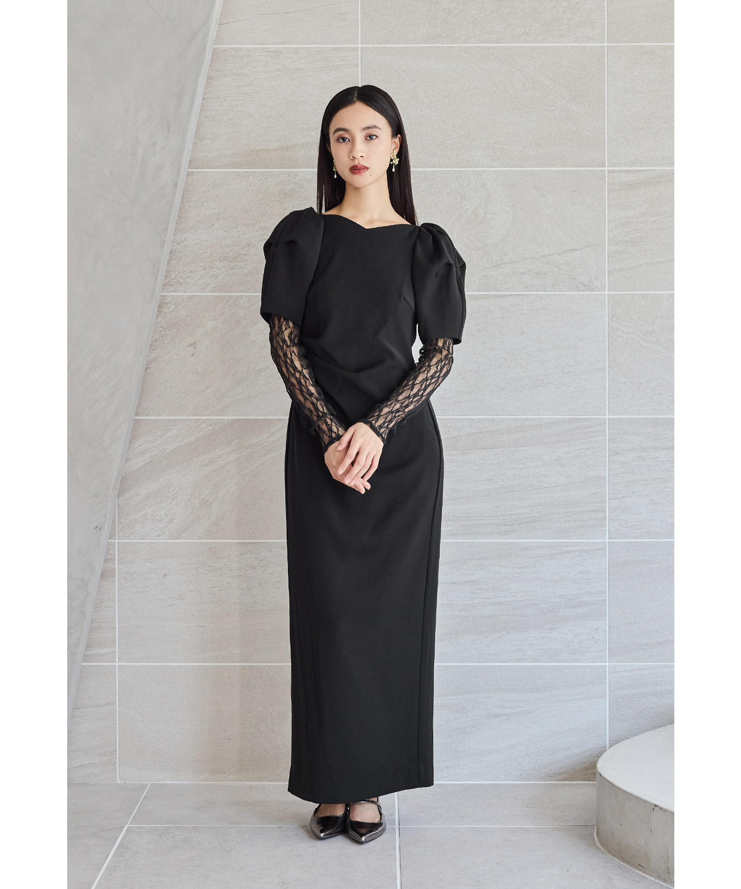 レースアームカバードレープドレス パーティードレス 結婚式 ワンピース パール ビジュー 2点セット 無地 シンプル お呼ばれ パーティー 二次会 披露宴 謝恩会 成人式 同窓会 卒業式 フォーマル