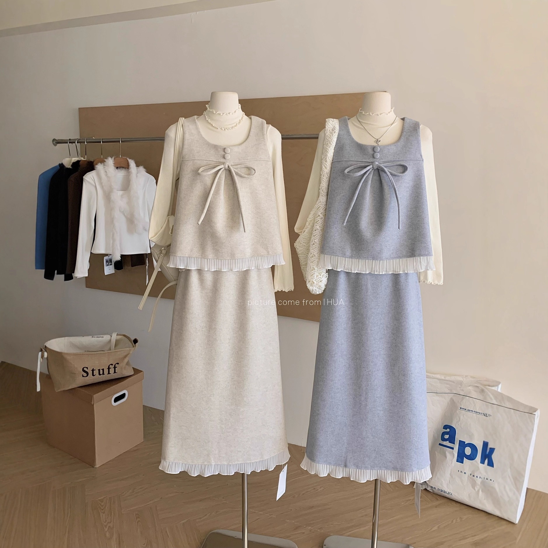 2026冬新作 リボン ウールベスト+インナー+フリルスカート3点セット コーデ 量産型 清楚め