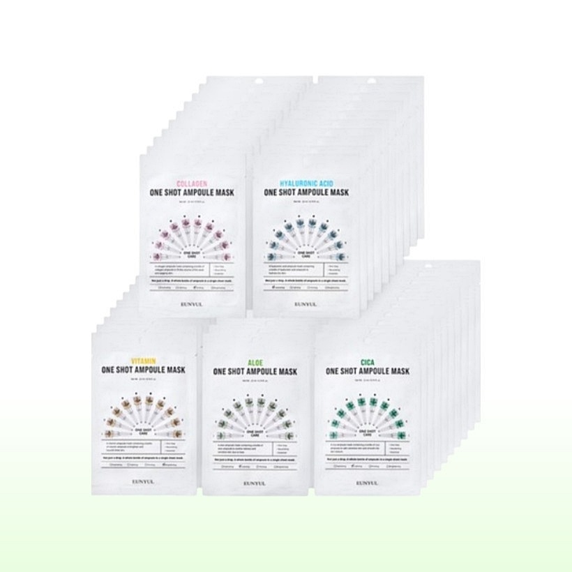 [50枚 アンプル マスクシート 韓国人気] ワンショット アンプル マスクパック 5種x10枚 セット(アロエ10枚+コラーゲン10枚+ビタミン10枚+ヒアルロン酸10枚+シカ10枚) スキンケア