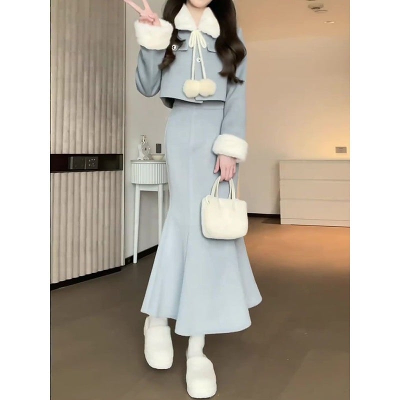 癒し系セット 毛足カラー付きコート＆マーメイドスカート セットアップ デート