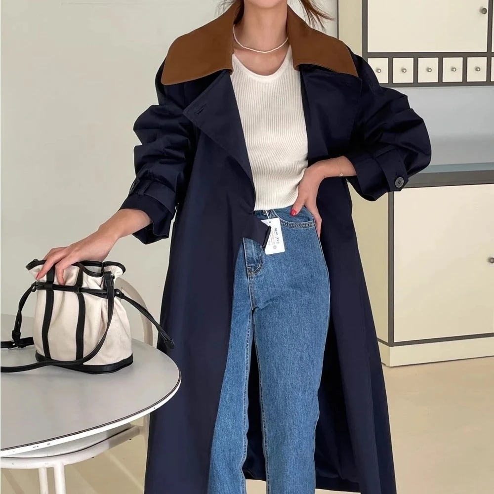 ミドル丈コート感大開襟ぶつかり色秋冬ゆったりカジュアルミディアムトレンチコート女 ライン ミドル丈コート