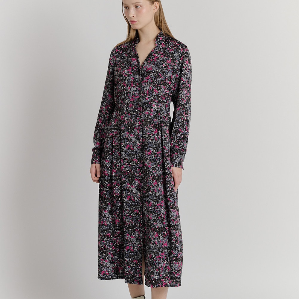 재팬 플라워 프린트 스웨이드 터칭 프리미엄 새틴 맥시 셔츠드레스_플라워 핑크