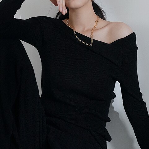 トップス Tシャツ シャツ プルオーバー レディース 春夏 きれいめ 長袖 長袖 萌袖 オフショルダー オフショル ワンショルダー ワンショル 襟なし タイト 細身 アシンメトリー プルオーバー 黒