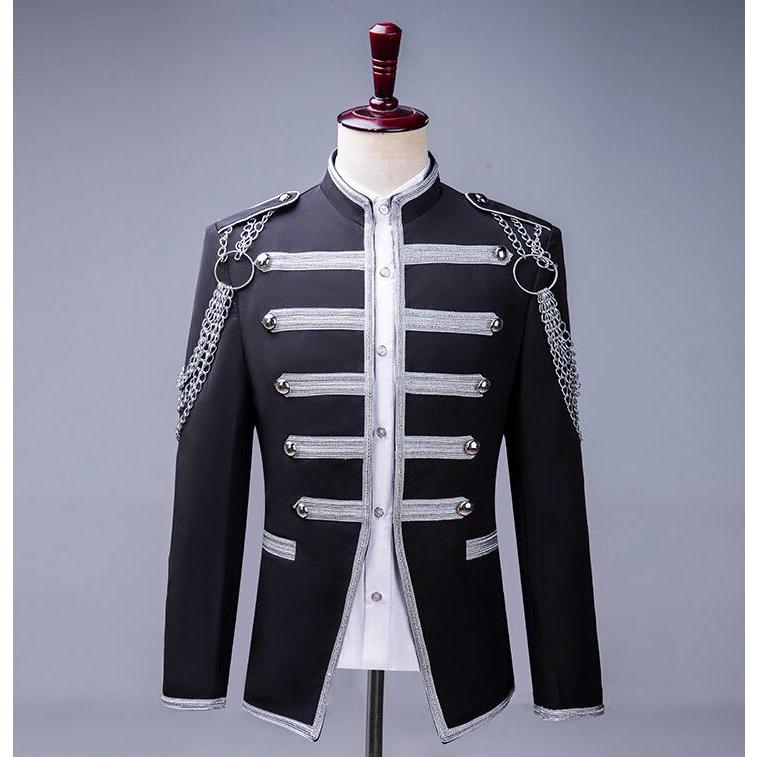 ステージ衣装 メンズ 長袖 ジャケット チェーン6本付き 西洋風 パンク ジャズ オーケストラ ダンス 演出衣装 黒に銀 前開き 立ち襟 ヨーロッパ 中世紀 王子様30%までに制限