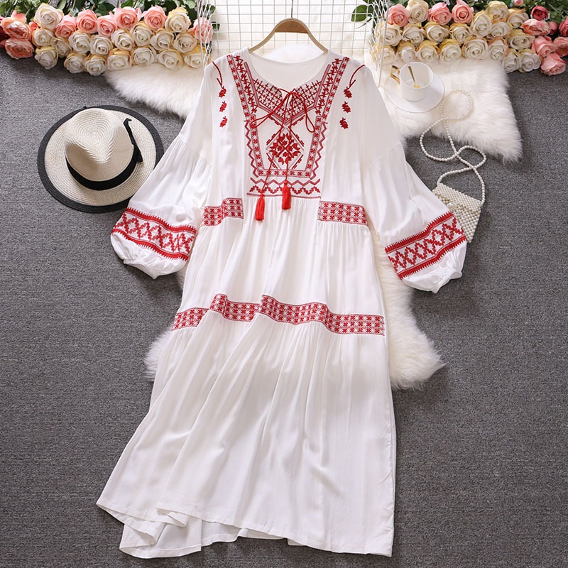 エスニック刺繍ワンピ 長袖 レディース ラウンドネック バルーンスリーブ ストラップリボン