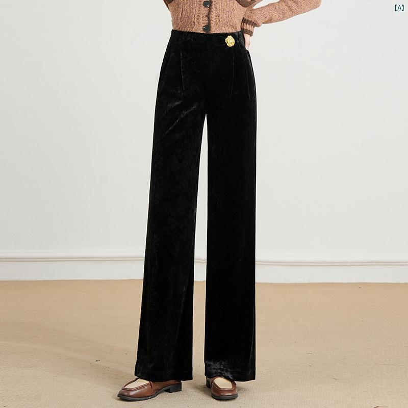 レディース　ファッション　オシャレ　シンプル ゴールド ベルベット カジュアル パンツ 春秋 韓国 ブラック ドレープ 快適 パンツ 細め ワイド レッグ フレアパンツ
