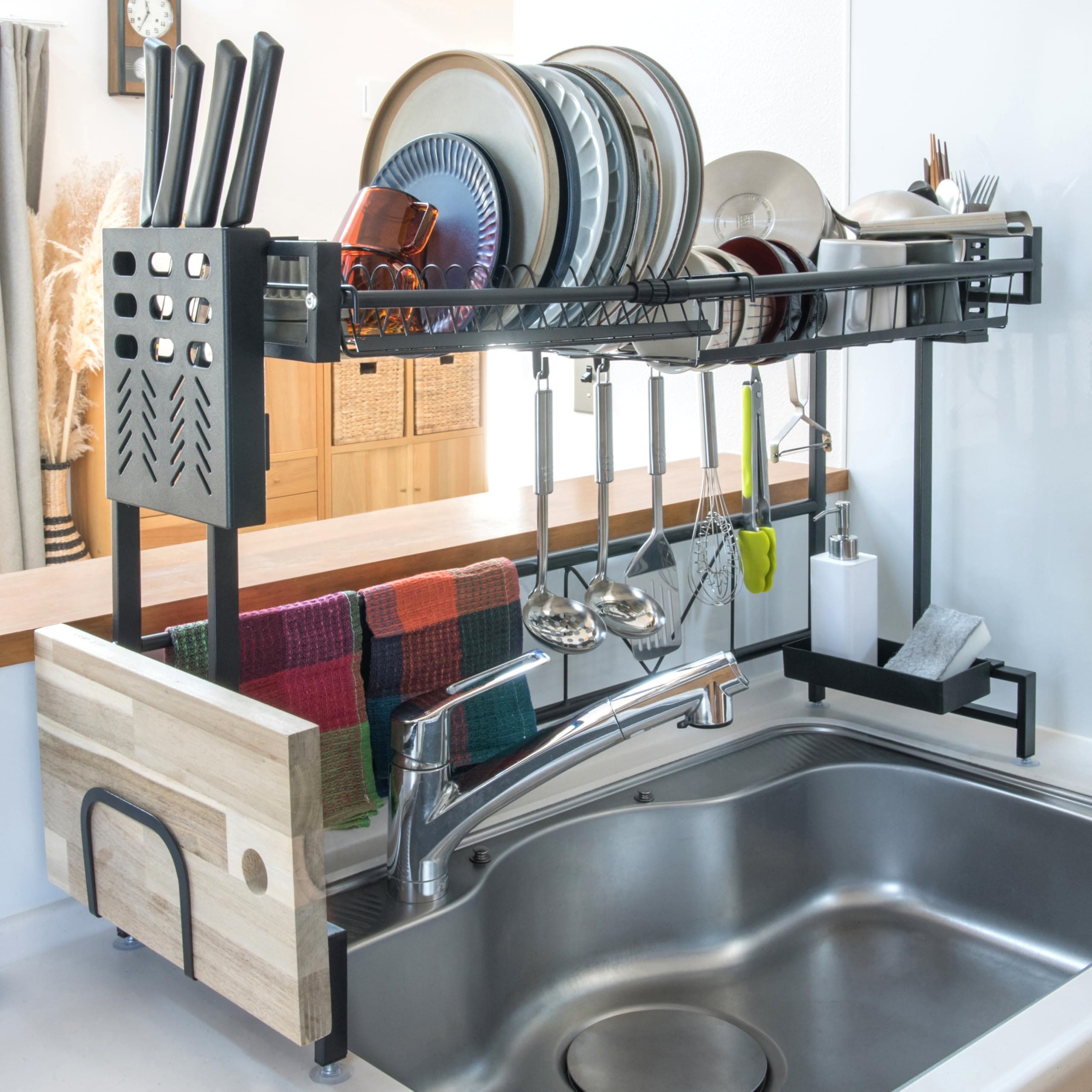 水切りラック 【整理収納プロ推薦!】 シンク上 食器 水切り 水切りカゴ 抗菌 シンク 省スペース 大容量 ワイド 乾燥 かご ブラック ホワイト (ブラック)