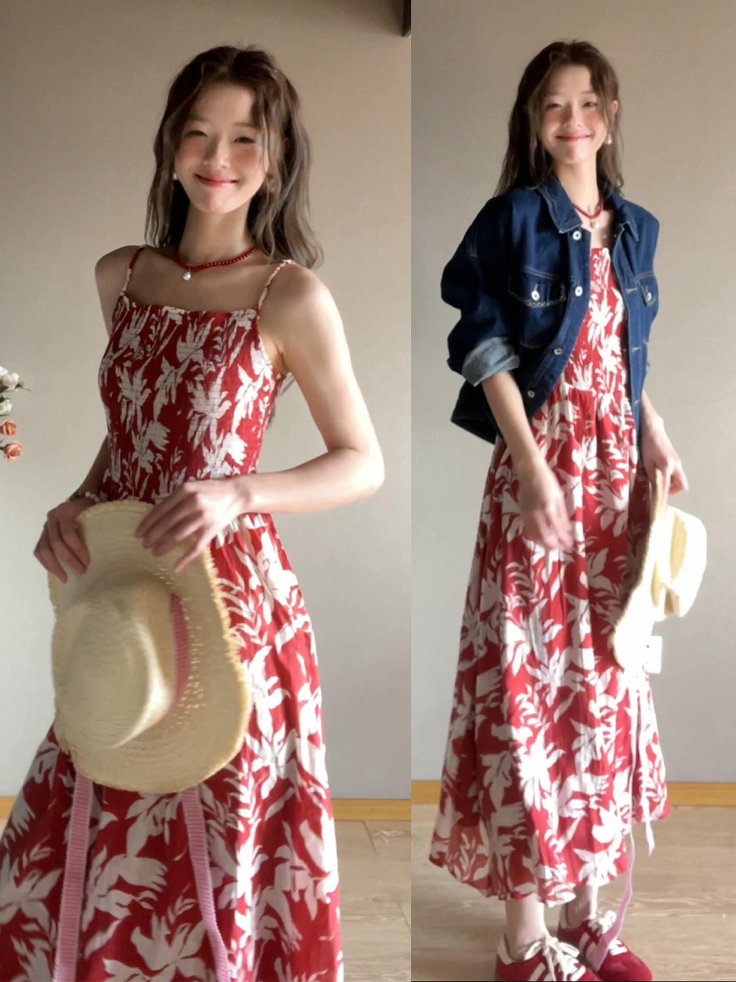 赤い小花柄のキャミソール女性用夏のとても美しいビーチリゾート向けウエストシェイプのロング