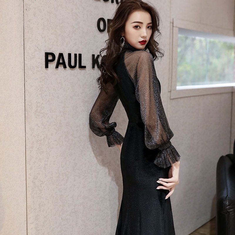 ワンピース レディース ドレス ロングワンピース S M L 韓国 膝丈 ひざ丈 ミディアム丈 袖あり 長袖 ハイネック マーメイド 透け感 シースルー 大人可愛い きれいめ 上品 エレガント シック