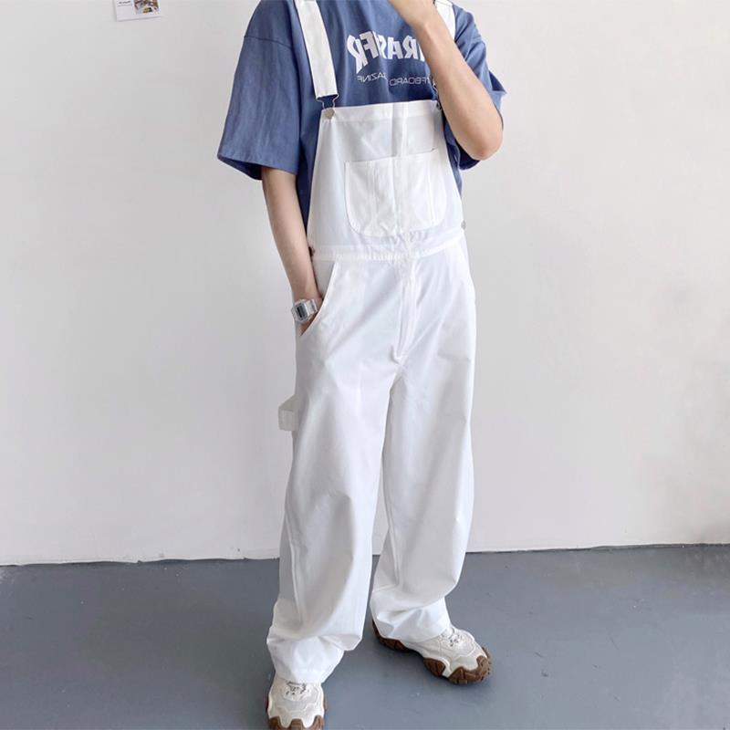 オーバーオールメンズホワイトストレートカジュアルスタイルオーバーオールワイドレッグサスペンダージャン