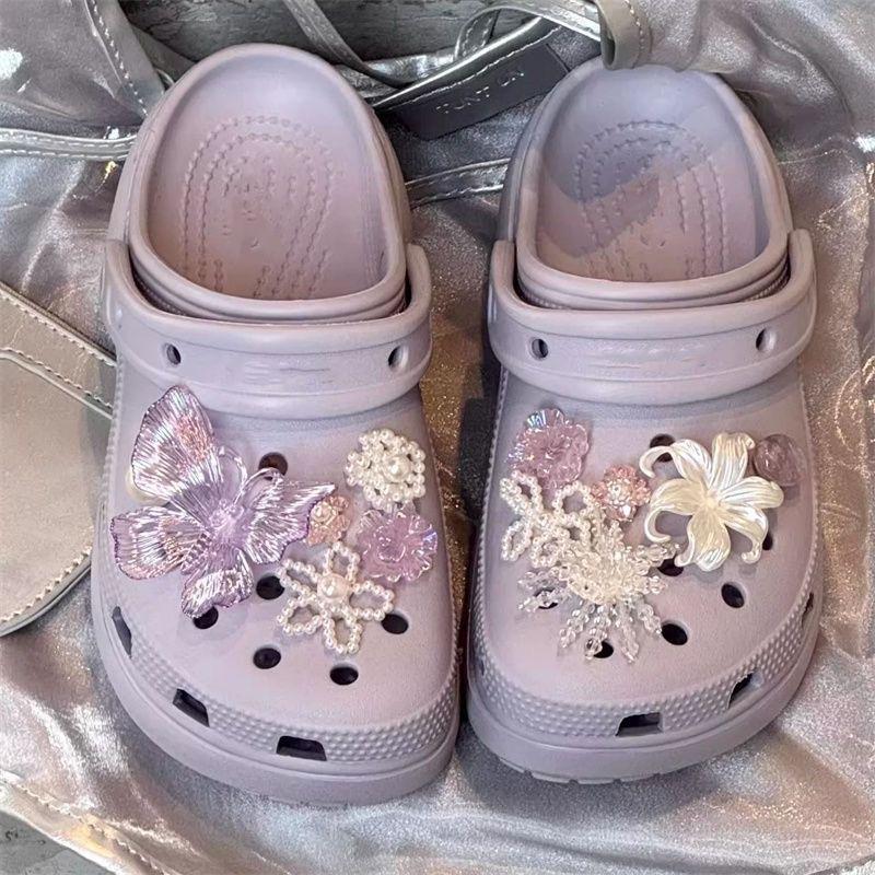 11点セット リボン サンダル ラベンダー デコレーションピン チャームズ ジビッツ かわいい オシャレ Y2K パール ootd キラキラ ラメ 蝶々 パール むらさき