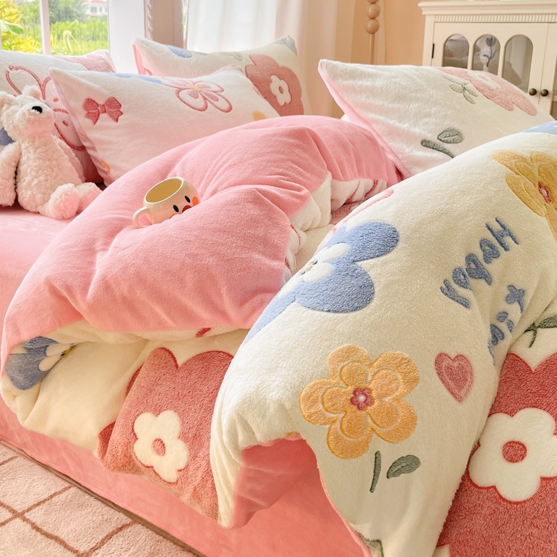 冬用厚手暖かいスノーフレークフリース4点セットカートゥーンフレッシュベビーフリースミンクフリースベッドシーツと羽毛布団カバー3点セット