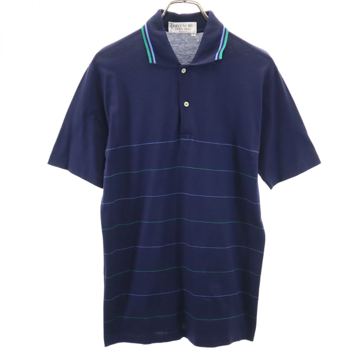 イタリア製 ライン入り 半袖 ポロシャツ S ネイビー GENTLEMAN PARIS メンズ