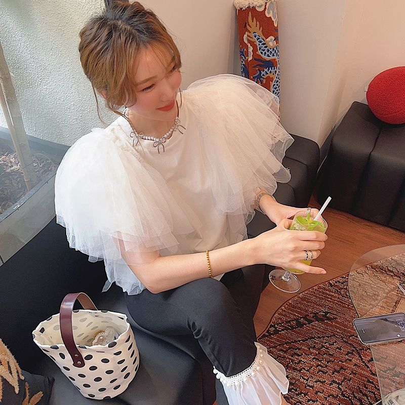 チュールスリーブTee ボリュームチュールラッフルTシャツ Tシャツ カットソー トップス ブラウス パフスリーブ レディース 薄手 ゴージャス クール 大人かっこいい セレカジ きれいめ エレガント