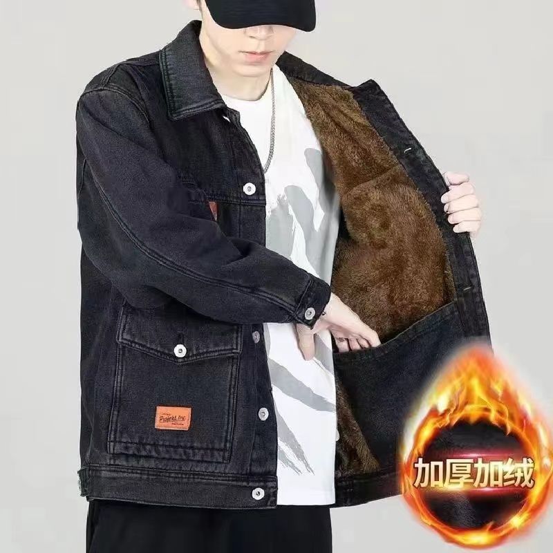 メンズデニムジャケット冬スタイルフリース裏地厚手高品質ゆったりフィットプラスサイズ防寒防風耐久性マルチポケットトップ