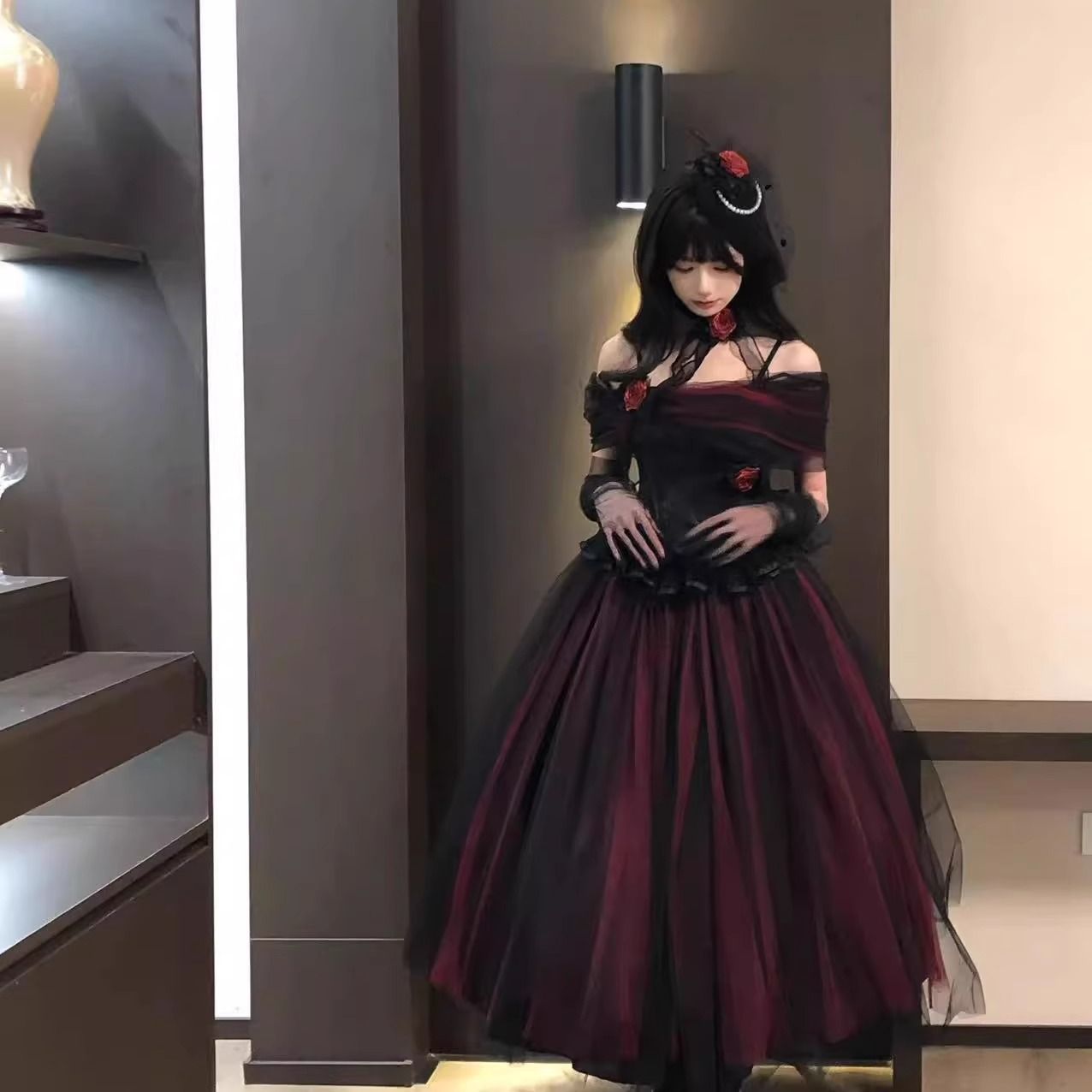 赤と黒のガーゼスカートプリンセスロリータバースデーパーティーアダルトドレススカート