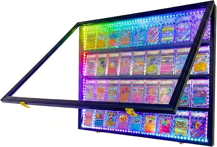 PSA トレカ ディスプレイケース トレーディングカード 壁掛け コレクションケース 収納 棚 (ブラック, ヨコ 35枚 LED)
