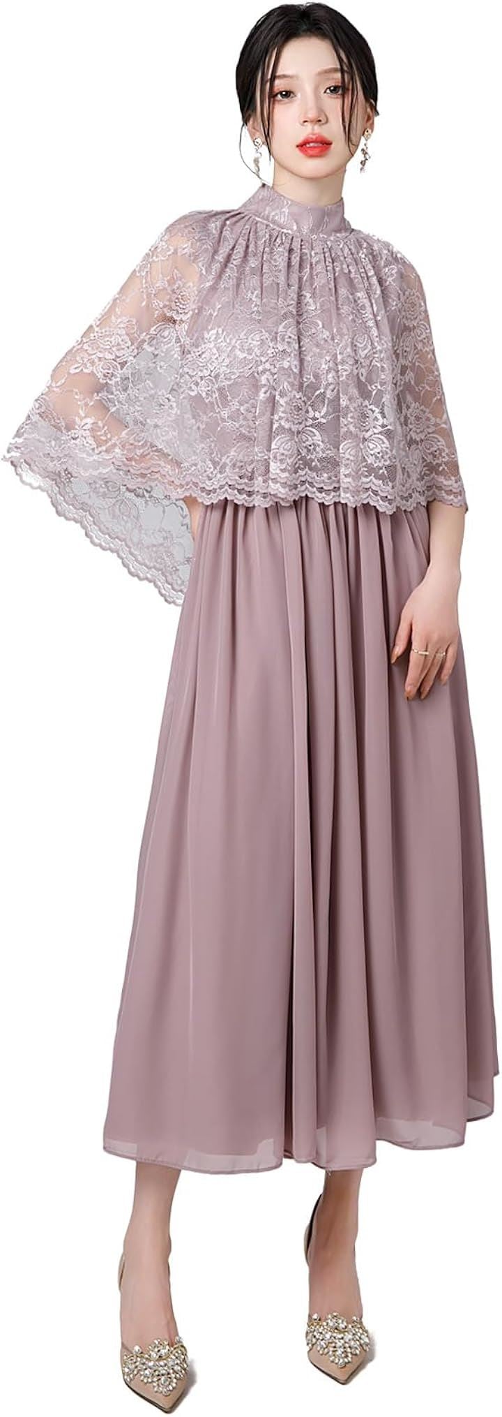 結婚式ドレス ケープ付き ロング レース お呼ばれ 袖あり ミモレ丈 体型カバー Aライン フォーマル( スモーキーピンク, 2XL) 6,777円