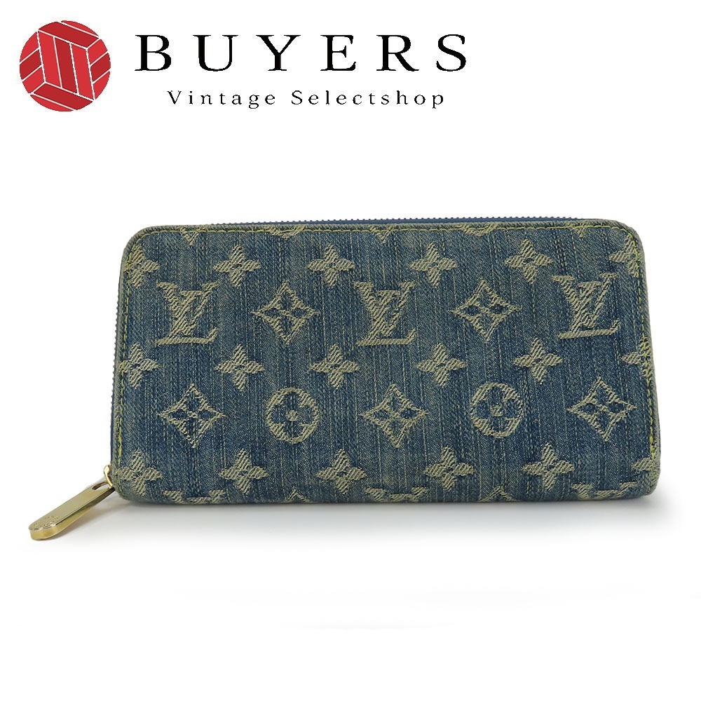 中古 長財布 ジッピーウォレット M95341 ラウンドファスナー モノグラムデニム レザー ブルー系 ゴールド金具 普段使い 小物 可愛い レディース 女性