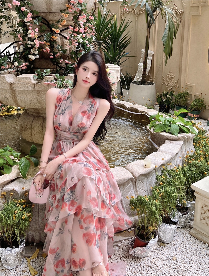 バッククロス ティアード ドレス シアー パーティー タイダイ Vネック バイカラー ロング ホームパーティーアイテム 謝恩会 結婚式二次会 花柄 Aライン シフォン ノースリーブ フレア 6,754円