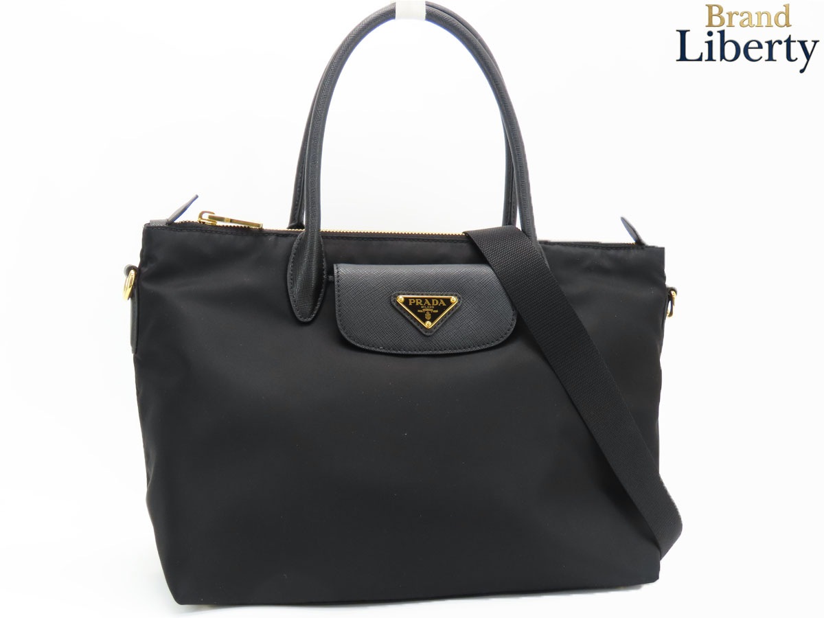 ほぼ新品プラダPRADAナイロン2WAYトートバッグハンドバッグショルダーバッグNEROブラックナイロンレザー1BA106
