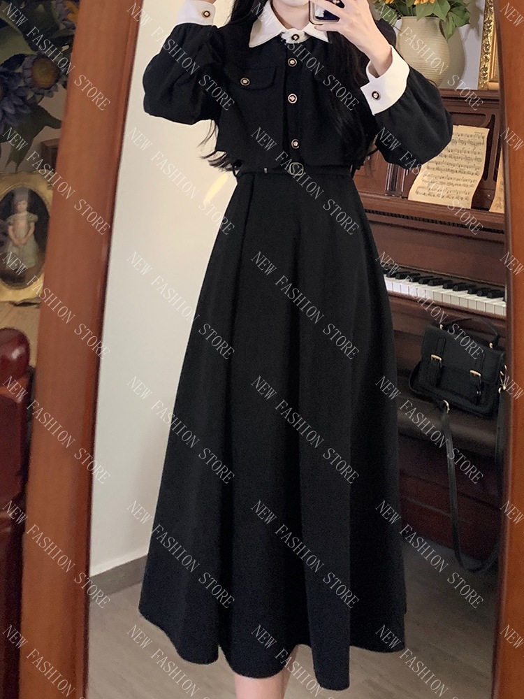 大きいサイズのフレンチ小柄ワンピース女性の秋冬長袖スカート-61