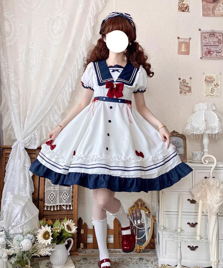 セーラー ワンピース ロリータ マリン風 半袖 長袖 ドレス 膝丈 ミモレ丈 lolita 学院風 制服 ゴスロリ 蝶リボン 可愛い JK制服 学生服 大人 キョート