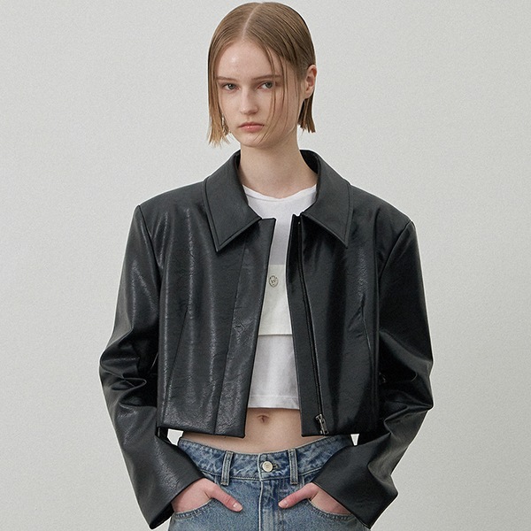 (JK-3012)LEATHER ZIPPER CROP JACKET