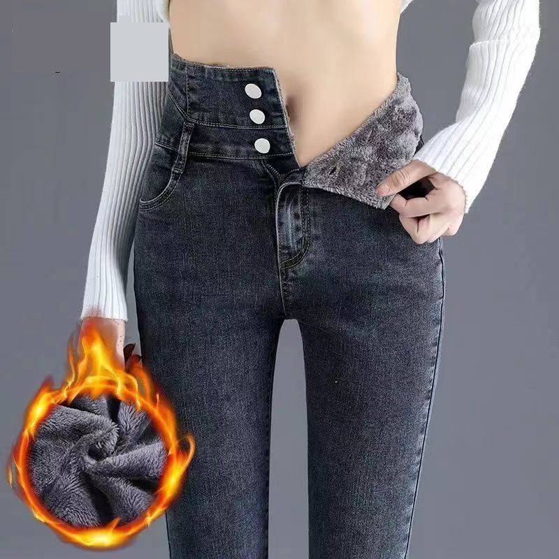 秋と冬の女性のための黒のハイウエスト ベルベット ジーンズ女性のための厚いスリム ブルー グレー ストレッチ タイト ペンシル パンツ