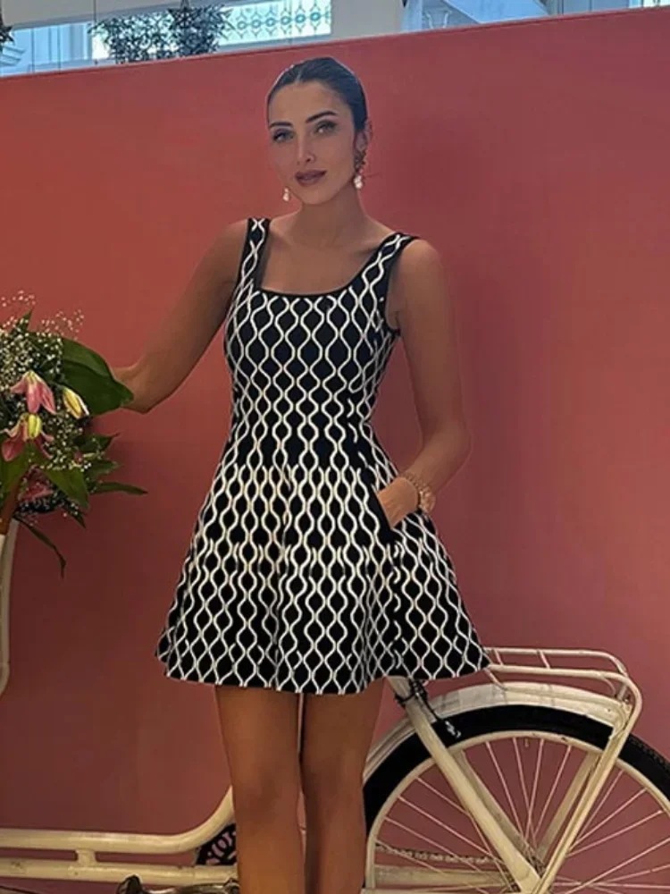 女性の市松模様のミニドレス,スクエアカラー,ラインa,ニット,セクシー,ホルター,ノースリーブ,ショート,ストリートファッション,夏