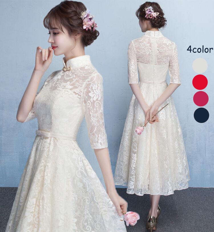 チャイナ風ドレス レディース 上品 優雅 パーティードレス 5分袖レースワンピース フォマール エレガント 立ち襟 Aライン ミモレ丈ワンピース 発表会 演奏会 大人 20代30代40代 お呼ばれ 結